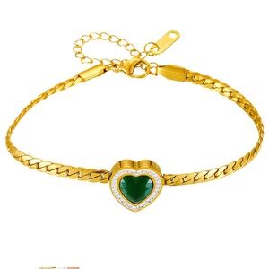 18K Gold Plated Heart Bracelet Green Crystal Waterproof, Hypoallergenic, CZ